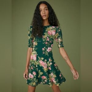 Reformation Bard dress dark green with pink flowers, rare